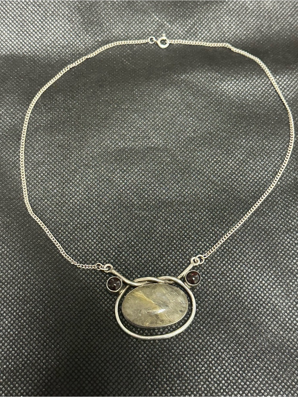 Sterling Silver Rutilated Quartz Pendant Necklace with Garnet Accents